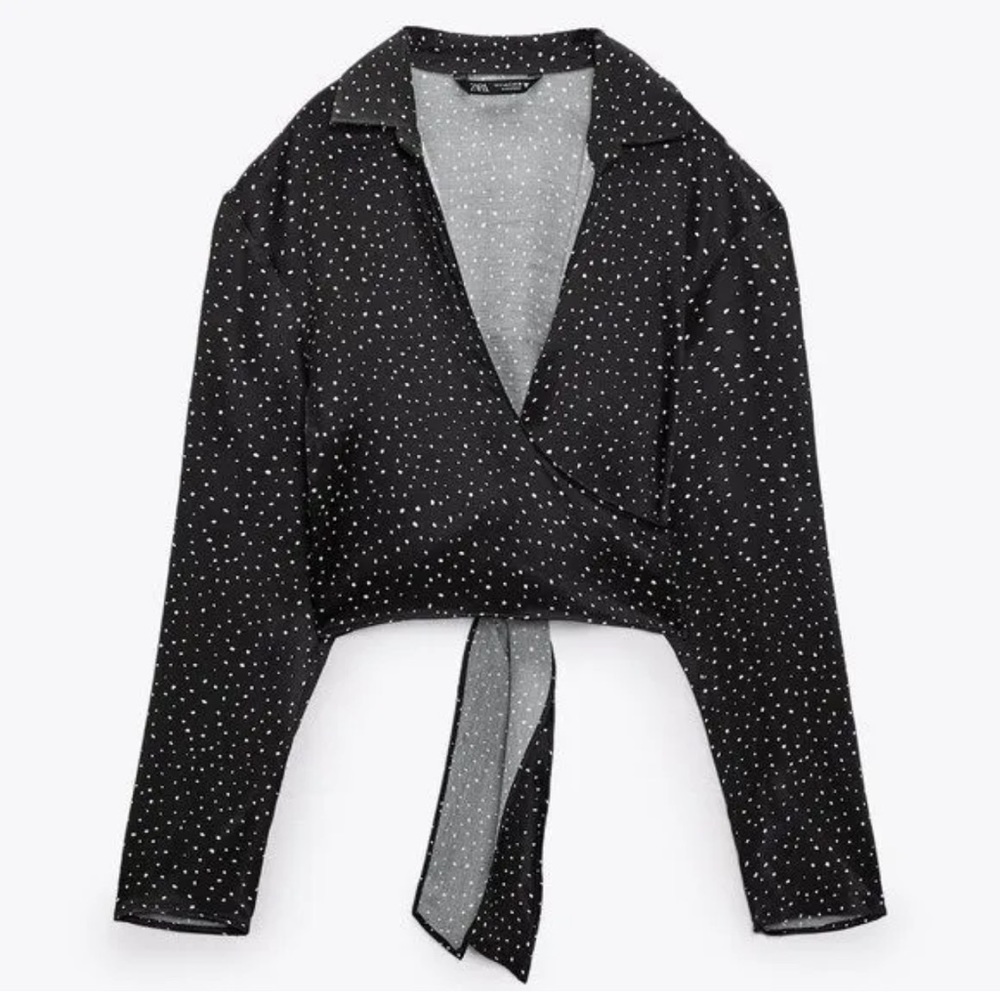 Zara black/white polka dot tie front top